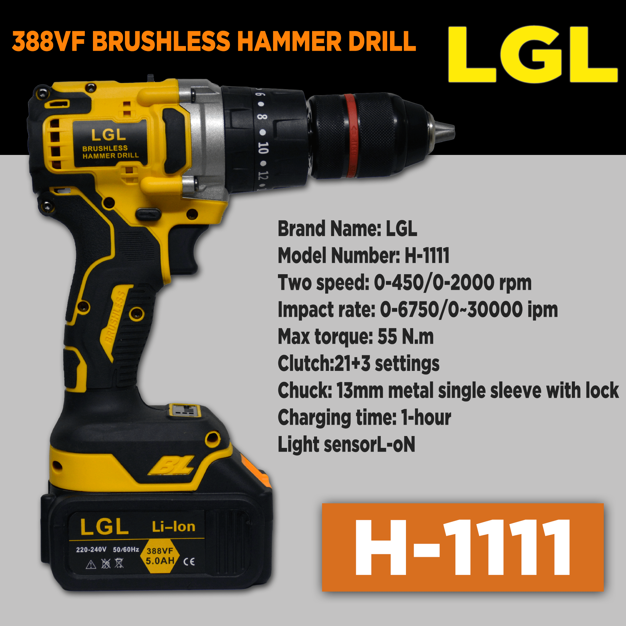 LGL Cordless Drill 13mm 21v Brushless