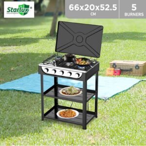 Powerful 5 Burner Gas Stove with Dual Storage Shelves by Starlux